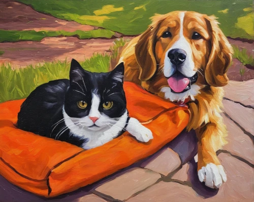 dog and cat,dog - cat friendship,pet portrait,two cats,oil painting on canvas,oil painting,companion dog,seat cushion,throw pillow,oil on canvas,two friends,cat portrait,dog bed,companionship,bernese mountain dog,st bernard outdoor,ritriver and the cat,veterinary,calico cat,two dogs,Illustration,Retro,Retro 02