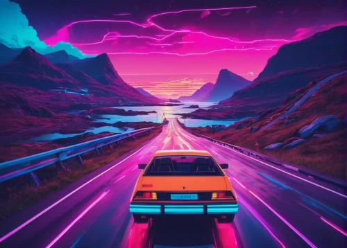 3d car wallpaper,80s,night highway,neon arrows,highway,the road,retro background,80's design,open road,electric,music background,drive,long road,futuristic landscape,mountain highway,roads,retro vehicle,retro music,road,alpine drive,Conceptual Art,Sci-Fi,Sci-Fi 27