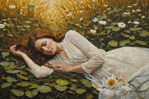 girl lying on the grass,girl in the garden,girl in flowers,the sleeping rose,idyll,marguerite,woman laying down,chamomile in wheat field,falling flowers,bed in the cornfield,daisies,blanket of flowers,girl picking flowers,sleeping rose,magnolia,yellow grass,golden flowers,fallen petals,flora,fallen flower,Illustration,Realistic Fantasy,Realistic Fantasy 09