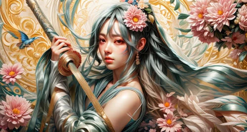 flower fairy,elven flower,faerie,faery,amano,fantasy portrait,chinese art,japanese art,fantasy art,japanese floral background,girl in flowers,flora,garden fairy,fairy queen,dryad,oriental princess,spring unicorn,lily of the field,flowers celestial,flower painting