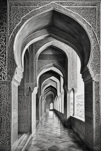 shahi mosque,persian architecture,islamic architectural,ibn tulun,corridor,islamic pattern,iranian architecture,ibn-tulun-mosque,amber fort,marrakesh,pencil art,islamic lamps,alhambra,moroccan pattern,agra,pencil drawings,hallway,alcazar of seville,passage,carved wall,Illustration,Black and White,Black and White 30
