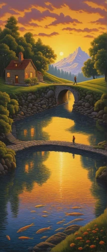 river landscape,dragon bridge,landscape background,fantasy landscape,rural landscape,hobbiton,idyllic,home landscape,scenic bridge,an island far away landscape,viola bridge,lava river,brook landscape,fantasy picture,stone bridge,purple landscape,nature landscape,tied-arch bridge,idyll,hangman's bridge,Illustration,Realistic Fantasy,Realistic Fantasy 27