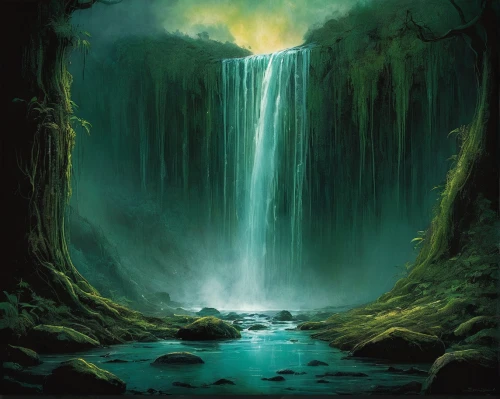 green waterfall,wasserfall,water fall,fantasy landscape,fantasy picture,waterfall,water falls,brown waterfall,bridal veil fall,waterfalls,falls,falls of the cliff,ash falls,fantasy art,chasm,heroic fantasy,water flow,ilse falls,elven forest,world digital painting,Illustration,Paper based,Paper Based 18
