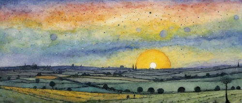 watercolor background,watercolor painting,oil pastels,watercolour,summer solstice,felted and stitched,yellow sky,watercolor,watercolour frame,glass painting,solstice,meadow in pastel,watercolor paper,layer of the sun,home landscape,tramonto,gloaming,first light,evening atmosphere,the sun and the rain,Art,Artistic Painting,Artistic Painting 49