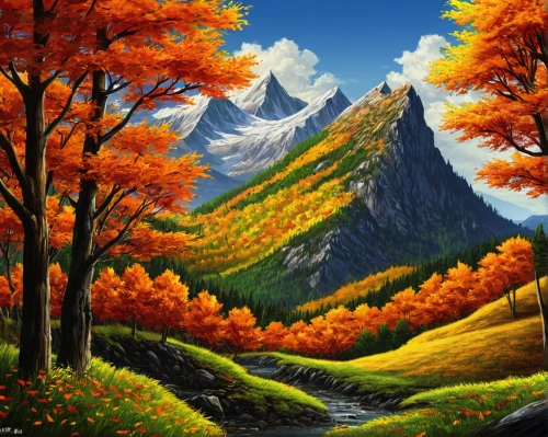 autumn mountains,fall landscape,autumn landscape,mountain landscape,mountain scene,autumn background,mountainous landscape,landscape background,autumn scenery,fall foliage,mountain slope,autumn forest,autumn idyll,forest landscape,mountain meadow,nature landscape,autumn trees,mountain range,mount scenery,mountainous landforms,Illustration,Japanese style,Japanese Style 11