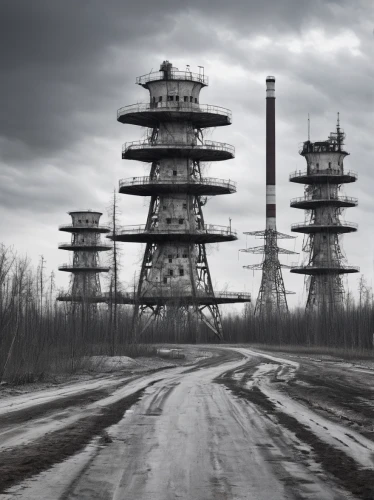 chernobyl,industrial landscape,power towers,russian pyramid,transmission tower,steel tower,oil platform,pripyat,industrial ruin,pylons,oil rig,abandoned places,post-apocalyptic landscape,oil industry,electricity pylons,pylon,industrial,off russian energy,russia,st petersburg,Photography,Black and white photography,Black and White Photography 07