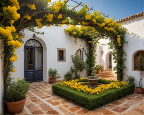 provencal life,exterior decoration,beautiful home,spanish tile,flowering shrubs,flowering vines,home landscape,lemon tree,bougainvilleas,traditional house,yellow garden,landscape designers sydney,puglia,alentejo,holiday villa,private house,provence,the threshold of the house,country house,apulia,Photography,General,Natural