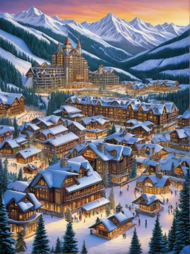 vail,winter village,aurora village,ski resort,alpine village,christmas town,christmas landscape,escher village,whistler,mountain village,telluride,snow scene,christmas village,spa town,christmas skiing,snow landscape,winter landscape,christmas scene,resort town,ski station,Art,Classical Oil Painting,Classical Oil Painting 28