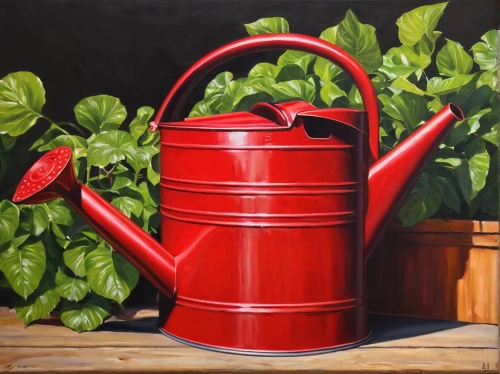 watering can,rain barrel,oil painting on canvas,oil on canvas,oil painting,tea tin,gas cylinder,red chili,potted plant,garden pot,chiles en nogada,cooking pot,plant pot,arabica,red paint,kettles,coffee pot,paint cans,coffee tea illustration,on a red background,Conceptual Art,Fantasy,Fantasy 15