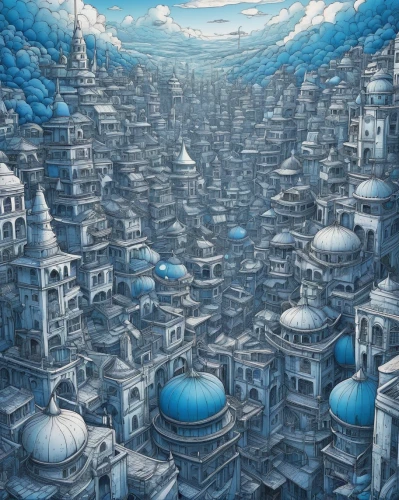 ancient city,metropolis,dystopian,dystopia,fantasy city,destroyed city,futuristic landscape,shirakami-sanchi,escher,city cities,panoramical,fractal environment,cityscape,citadel,utopian,atlantis,post-apocalyptic landscape,escher village,apiarium,necropolis,Illustration,Japanese style,Japanese Style 11