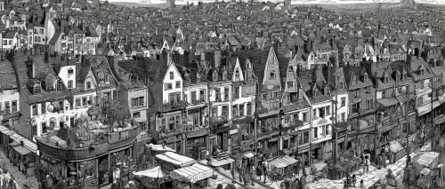 destroyed city,bremen,edinburgh,row of houses,townscape,york,escher village,1921,delft,1925,slum,1929,1926,gaudí,dresden,shaftesbury,half-timbered,row houses,roofs,terraced,Illustration,Black and White,Black and White 09