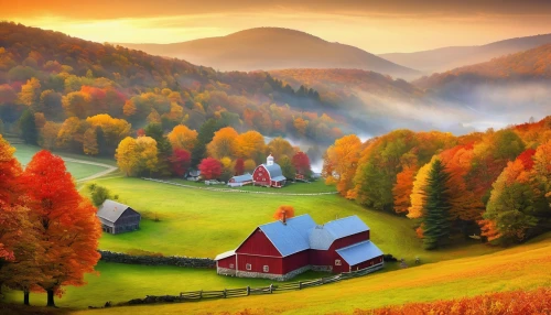 fall landscape,autumn landscape,autumn background,autumn mountains,autumn idyll,autumn scenery,landscape background,home landscape,vermont,beautiful landscape,colors of autumn,autumn morning,meadow landscape,one autumn afternoon,landscapes beautiful,nature landscape,farm landscape,rural landscape,mountain landscape,splendid colors,Illustration,Realistic Fantasy,Realistic Fantasy 01