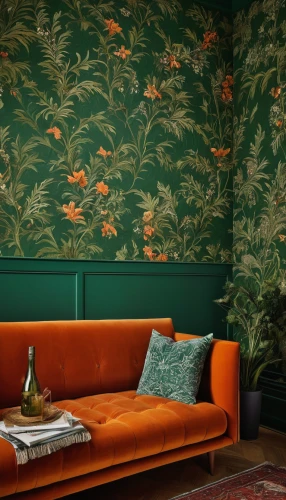 intensely green hornbeam wallpaper,botanical print,flower wall en,damask background,tropical leaf pattern,damask paper,damask,background pattern,chaise lounge,vintage botanical,tropical floral background,gold foil laurel,settee,orange tree,sitting room,yellow wallpaper,stucco wall,exotic plants,floral composition,wall decoration,Art,Classical Oil Painting,Classical Oil Painting 43