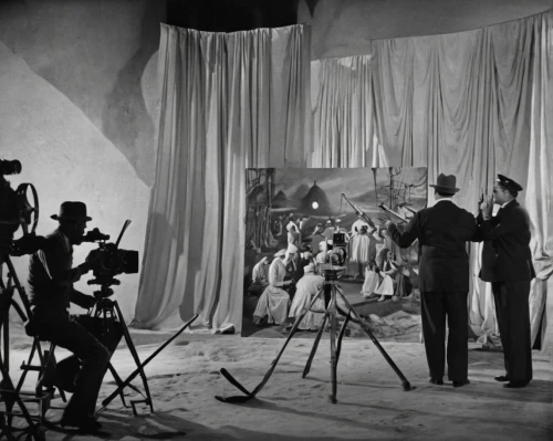 silent screen,silent film,video scene,movie camera,meticulous painting,in a studio,puppet theatre,scenography,chromakey,television studio,film studio,wayang,cinematographer,italian painter,stan laurel,ambrotype,clapperboard,television program,baron munchausen,vaudeville,Illustration,Realistic Fantasy,Realistic Fantasy 40