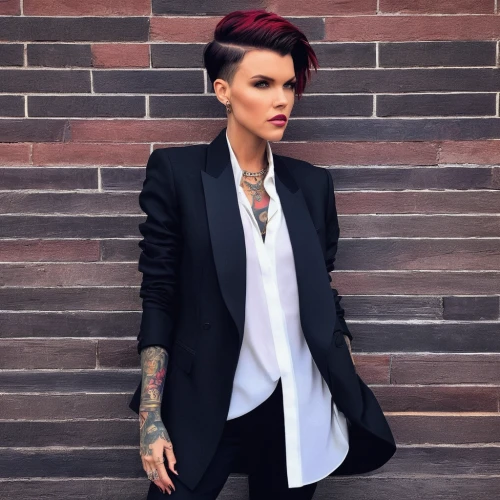 woman in menswear,bolero jacket,black coat,rockabilly style,business woman,blazer,business girl,menswear for women,navy suit,businesswoman,red brick wall,tamra,black suit,leather jacket,jacket,trench coat,dark suit,women fashion,tattoo girl,asymmetric cut,Photography,Documentary Photography,Documentary Photography 34