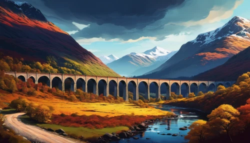 autumn mountains,sweeping viaduct,viaduct,scenic bridge,fall landscape,chmarossky viaduct,autumn landscape,devil's bridge,mountain pass,autumn idyll,autumn scenery,railroad bridge,valley,highlands,mountains,scottish highlands,fantasy landscape,bridges,tied-arch bridge,canyon,Conceptual Art,Fantasy,Fantasy 21