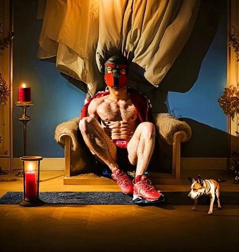 photomanipulation,red shoes,photo manipulation,conceptual photography,throne,narcissus,the throne,bodybuilding,hanuman,red riding hood,bodybuilding supplement,digital compositing,photoshop manipulation,man in red dress,on a red background,red chief,album cover,muscle icon,bacchus,boy and dog
