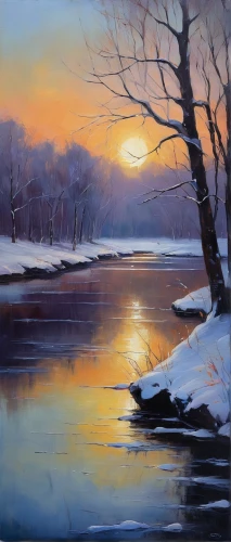 winter landscape,river landscape,winter lake,raven river,ice landscape,snow landscape,flowing creek,winter light,winter morning,snowy landscape,mountain river,oil painting,oil painting on canvas,aura river,heather winter,evening lake,riverbank,frozen lake,carol colman,early winter,Illustration,Realistic Fantasy,Realistic Fantasy 30