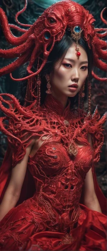 asian costume,root chakra,deep coral,medusa,red lantern,oriental princess,red chief,the sea maid,medusa gorgon,red sea,merfolk,the enchantress,god of the sea,siren,bjork,mulan,rusalka,chinese horoscope,red spider lily,the zodiac sign pisces,Illustration,Realistic Fantasy,Realistic Fantasy 47