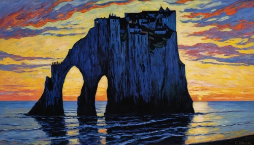 three point arch,sea stack,kelpie,split rock,el arco,water castle,megalith,red cliff,ruby beach,ruined castle,sibelius,chalk cliff,ghost castle,the wreck of the ship,the cliffs,julkula,scottish folly,monolith,ice castle,cliff coast,Illustration,Realistic Fantasy,Realistic Fantasy 33