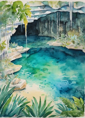 cenote,cave on the water,watercolor background,underground lake,water spring,koi pond,blue cave,lagoon,underwater oasis,thermal spring,water color,the blue caves,blue caves,sea cave,crescent spring,water colors,karst landscape,underwater landscape,diamond lagoon,tropical sea,Illustration,Paper based,Paper Based 25