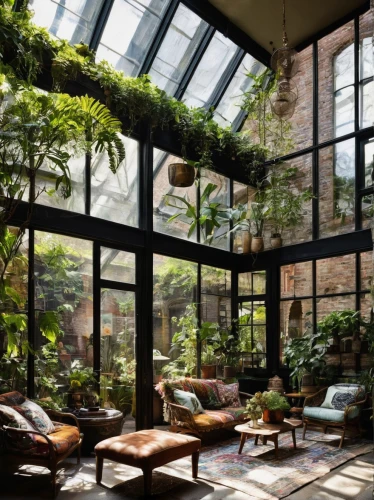 conservatory,winter garden,greenhouse,indoor,roof garden,loft,indoors,dandelion hall,house plants,beautiful home,climbing garden,hanging plants,green living,breakfast room,palm house,garden design sydney,frame house,interior design,garden of plants,greenhouse effect,Illustration,American Style,American Style 04