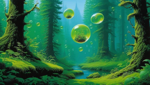 green bubbles,green forest,green balloons,fairy forest,forest of dreams,spheres,elven forest,fairy world,mushroom landscape,enchanted forest,forest glade,orbs,cartoon forest,flying seeds,the forests,tree grove,fairytale forest,alien world,green trees,fir forest,Conceptual Art,Sci-Fi,Sci-Fi 21