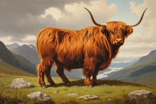 highland cow,scottish highland cattle,highland cattle,scottish highland cow,alpine cow,mountain cow,mountain cows,yak,ox,landseer,horns cow,oxen,isle of mull,highlands,cow,galloway cattle,bos taurus,scottish highlands,watusi cow,isle of skye,Art,Classical Oil Painting,Classical Oil Painting 38