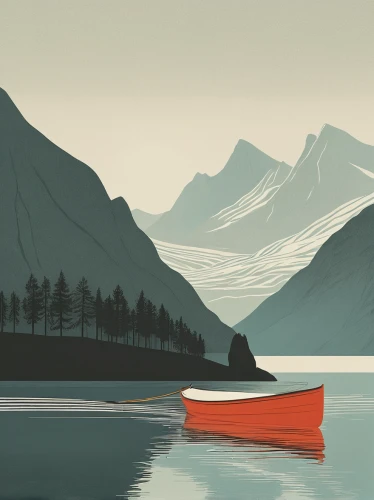 boat landscape,canoes,canoeing,dug out canoe,canoe,kayaker,fjords,nordland,fjord,rowboats,rowing boat,kayak,rowing boats,mountain lake,mountainlake,rowing-boat,mountain and sea,calm waters,rowboat,inlet,Illustration,Japanese style,Japanese Style 08