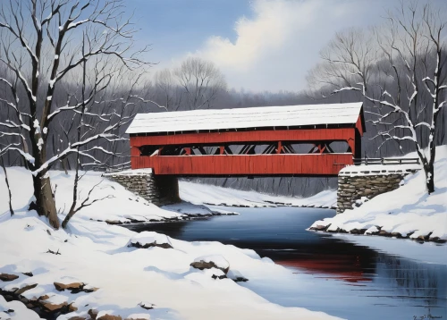 covered bridge,snow bridge,winter landscape,snow landscape,snowy landscape,christmas landscape,wooden bridge,water mill,winter house,hangman's bridge,snow scene,landscape red,photo painting,railroad bridge,winter background,red barn,art painting,korean village snow,log bridge,humpback bridge,Conceptual Art,Graffiti Art,Graffiti Art 12