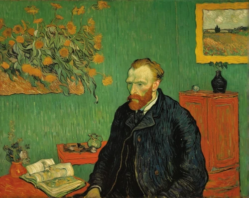 vincent van gogh,vincent van gough,man with a computer,self-portrait,post impressionism,artist portrait,post impressionist,child with a book,work in the garden,art dealer,partiture,gardener,meticulous painting,elderly man,poet,painting,advertising figure,a carpenter,self portrait,parsely,Art,Artistic Painting,Artistic Painting 04