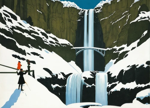 ice climbing,skiers,ski mountaineering,travel poster,cross-country skiing,snow scene,ski touring,cool woodblock images,ice cave,ice castle,ice planet,hokkaido,skogafoss,cross country skiing,ash falls,snow trail,glaciers,nordic skiing,icicles,skiing,Illustration,Retro,Retro 15