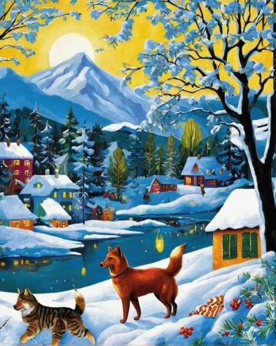 snow scene,christmas landscape,christmas animals,winter animals,christmas snowy background,snow landscape,winter village,winter landscape,christmas scene,snowy landscape,winter background,christmas fox,korean village snow,christmas snow,motif,mountain scene,myfestiveseason romania,winter festival,christmas motif,alpine village,Art,Artistic Painting,Artistic Painting 38