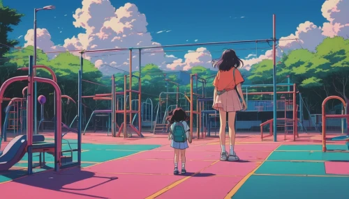 playground,empty swing,swing set,amusement park,seesaw,dream world,virtual world,parallel bars,euphonium,parallel world,red place,play yard,swing,children's playground,torii,basketball court,walk in a park,wooden swing,anime 3d,hanging swing,Illustration,Japanese style,Japanese Style 06