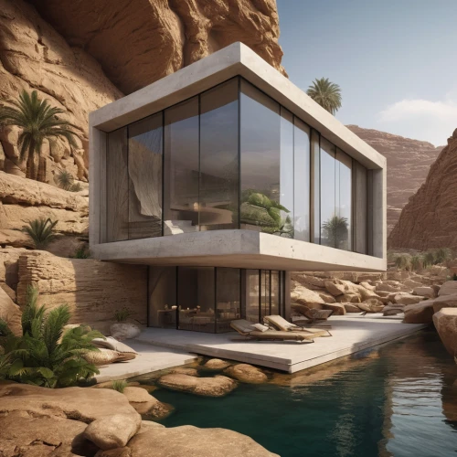 dunes house,luxury property,pool house,cubic house,3d rendering,luxury home,desert landscape,modern house,house by the water,the desert,beautiful home,stone desert,jewelry（architecture）,luxury real estate,futuristic architecture,modern architecture,desert desert landscape,riad,eco-construction,karnak
