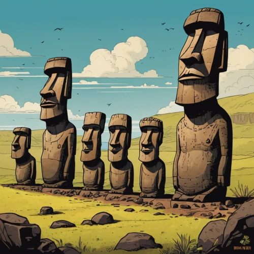 easter island,easter islands,the moai,moai,rapa nui,wooden figures,stone figures,stone statues,megaliths,neolithic,stacked rocks,rapanui,totem,guards of the canyon,rock stacking,standing stones,arrowroot family,island residents,stacked stones,statues,Illustration,Children,Children 04