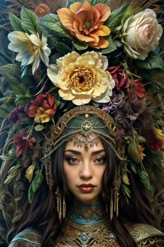 girl in a wreath,wreath of flowers,fantasy portrait,asian costume,inner mongolian beauty,iranian nowruz,jaya,fantasy art,elven flower,the enchantress,rose wreath,flora,headdress,novruz,fantasy woman,floral wreath,warrior woman,mystical portrait of a girl,mulan,golden wreath