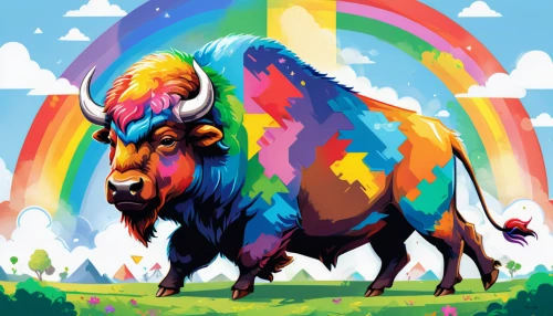rainbow unicorn,horoscope taurus,buffalo,bison,unicorn and rainbow,raimbow,taurus,the zodiac sign taurus,unicorn background,unicorn art,rainbow background,goatflower,wpap,unicorn,yak,gnu,colorful horse,feral goat,tribal bull,oxen,Unique,Pixel,Pixel 05
