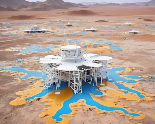 solar cell base,salt desert,geothermal energy,burning man,del tatio,mining facility,futuristic landscape,flowerful desert,dead vlei,oil rig,very large floating structure,geothermal,energy field,el tatio,alien world,salar flats,oil industry,oil platform,flaming mountains,salt-flats,Conceptual Art,Graffiti Art,Graffiti Art 08