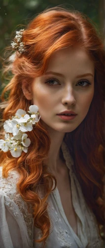 faery,celtic woman,faerie,mystical portrait of a girl,elven flower,fae,fairy tale character,fantasy portrait,romantic portrait,fairy queen,redheads,image manipulation,girl in flowers,fantasy picture,orange blossom,beautiful girl with flowers,red-haired,white rose snow queen,bridal clothing,children's fairy tale,Conceptual Art,Oil color,Oil Color 03
