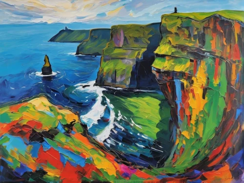 cliff of moher,cliffs of moher,orkney island,sea stack,neist point,cliffs of moher munster,moher,cliffs of etretat,the cliffs,carrick-a-rede,cliffs ocean,isle of skye,cape marguerite,etretat,cliffs,donegal,isle of may,ireland,bullers of buchan,coastal landscape,Conceptual Art,Oil color,Oil Color 20