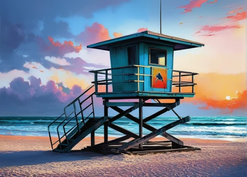 lifeguard tower,beach hut,beach landscape,lifeguard,life guard,beach chair,electric lighthouse,seaside resort,lookout tower,beach scenery,sunset beach,seaside country,dream beach,sunrise beach,light house,red lighthouse,painting technique,lighthouse,art painting,beach chairs,Conceptual Art,Fantasy,Fantasy 12