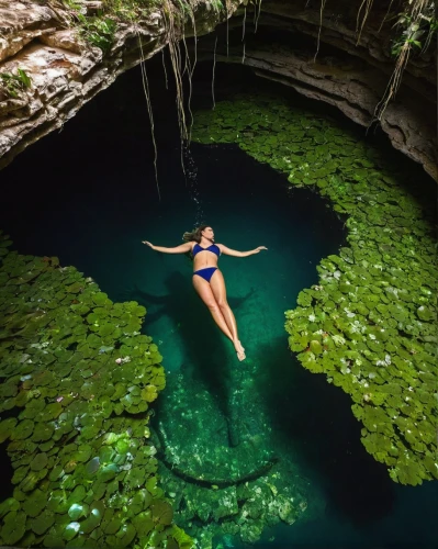 cenote,underground lake,cave on the water,belize,water spring,sinkhole,blue cave,yucatan,underwater oasis,island suspended,green water,floating over lake,thermal spring,pigeon spring,rope swing,jumping off,the body of water,submerged,mountain spring,girl upside down,Illustration,Retro,Retro 21