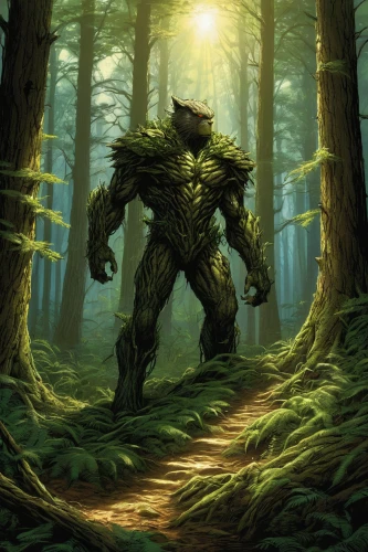 forest man,groot super hero,patrol,forest animal,aaa,groot,wolfman,wolverine,forest king lion,druid,druid grove,cleanup,tree man,leopard's bane,aa,forest background,old-growth forest,werewolf,green goblin,orc,Illustration,American Style,American Style 02