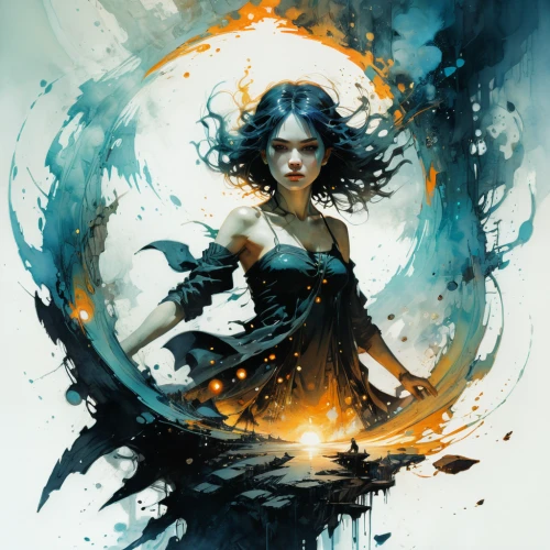 sorceress,the enchantress,blue enchantress,fantasy art,mystical portrait of a girl,divination,fire dancer,transistor,sci fiction illustration,fantasy portrait,rosa ' amber cover,firedancer,the witch,priestess,heroic fantasy,flame spirit,mage,fire artist,maelstrom,arcanum,Illustration,Paper based,Paper Based 20