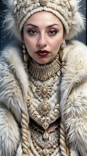 fur clothing,white fur hat,fur,eskimo,suit of the snow maiden,fur coat,ice queen,the snow queen,ice princess,siberian,cruella,winterblueher,cruella de ville,miss circassian,russian doll,fantasy portrait,arctic,fractalius,samara,female warrior