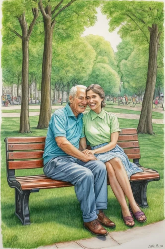old couple,park bench,romantic portrait,man on a bench,grandparents,young couple,couple in love,benches,bench,garden bench,two people,outdoor bench,retirement,man and wife,elderly people,botanical square frame,in the park,couple - relationship,colored pencil background,parrot couple,Illustration,Paper based,Paper Based 29