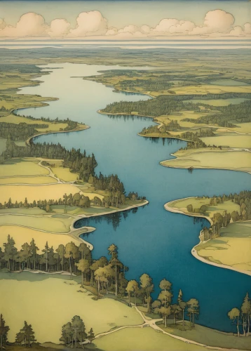 the shoals course,cool woodblock images,robert duncanson,oxbow lake,river landscape,aerial landscape,golf landscape,meanders,lake terchin,mountainlake,water courses,grant wood,the golf valley,river delta,freshwater marsh,meander,salt meadow landscape,landscape plan,medicine lake,spring lake,Illustration,Retro,Retro 19