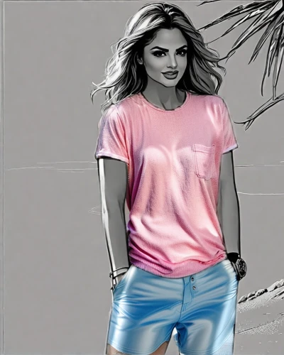 tshirt,fashion vector,girl in t-shirt,t shirt,long-sleeved t-shirt,print on t-shirt,fashion illustration,pink large,cool remeras,t-shirt printing,t-shirt,girl-in-pop-art,jeans background,image manipulation,pop art effect,image editing,wpap,active shirt,beach background,tee