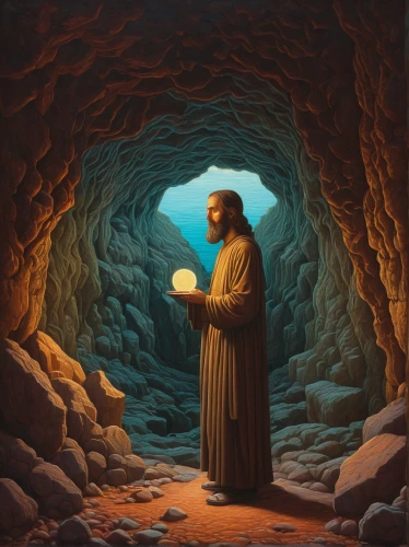 empty tomb,cave church,benediction of god the father,twelve apostle,the abbot of olib,church painting,the manger,birth of christ,cave man,resurrection,the good shepherd,son of god,new testament,the pillar of light,saint peter,cave,cave tour,easter vigil,man praying,holy supper,Conceptual Art,Daily,Daily 25